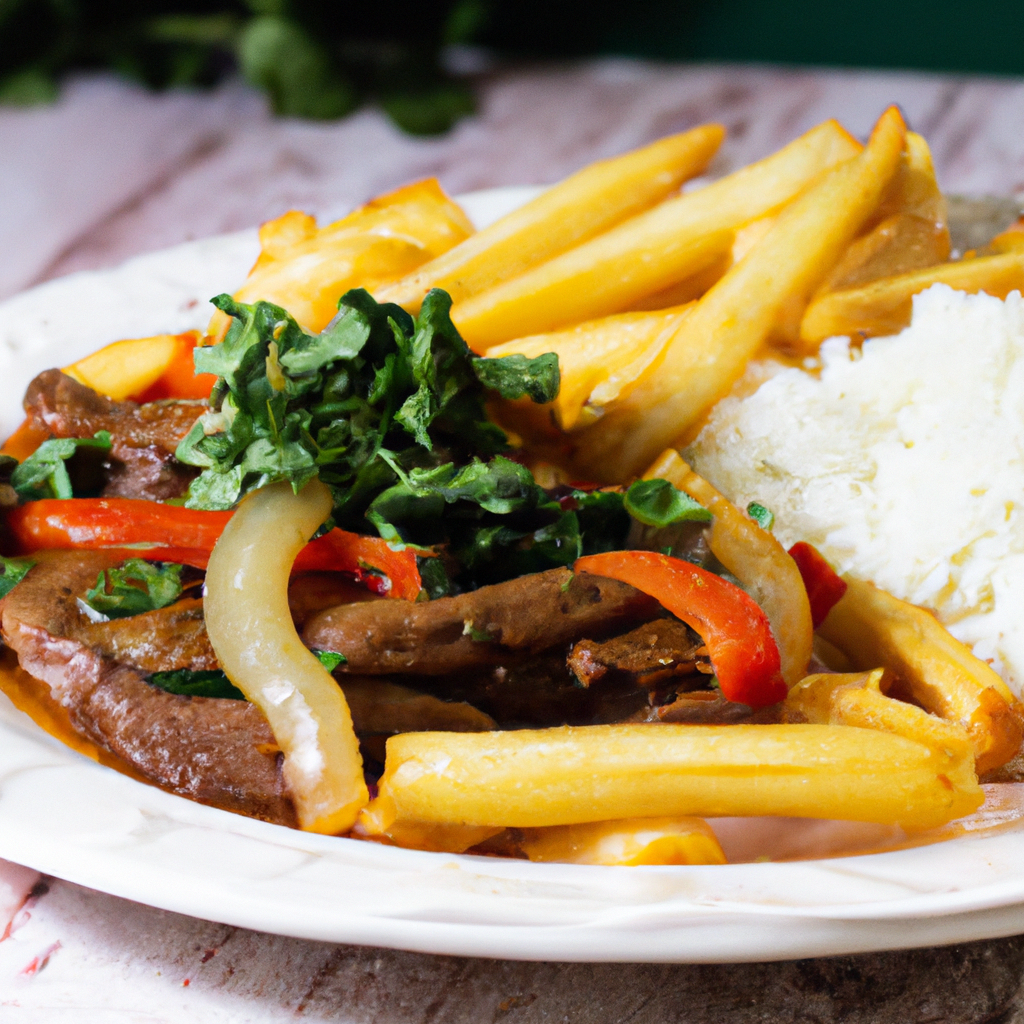 lomo saltado over steak cut french fries served with white rice on a plate next to chili peppers and cilantro